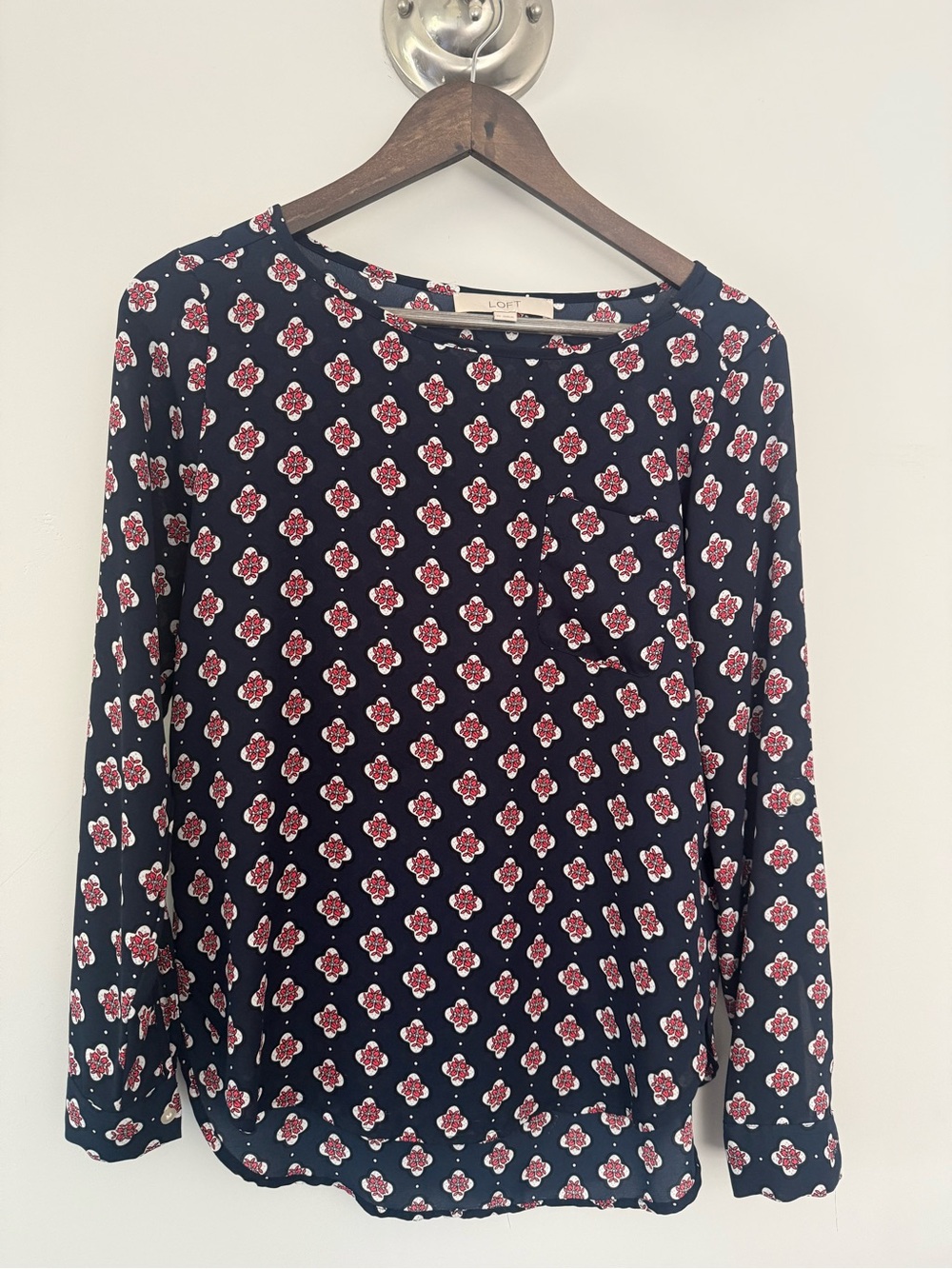 LOFT Navy Medallion Print Long-Sleeve Top